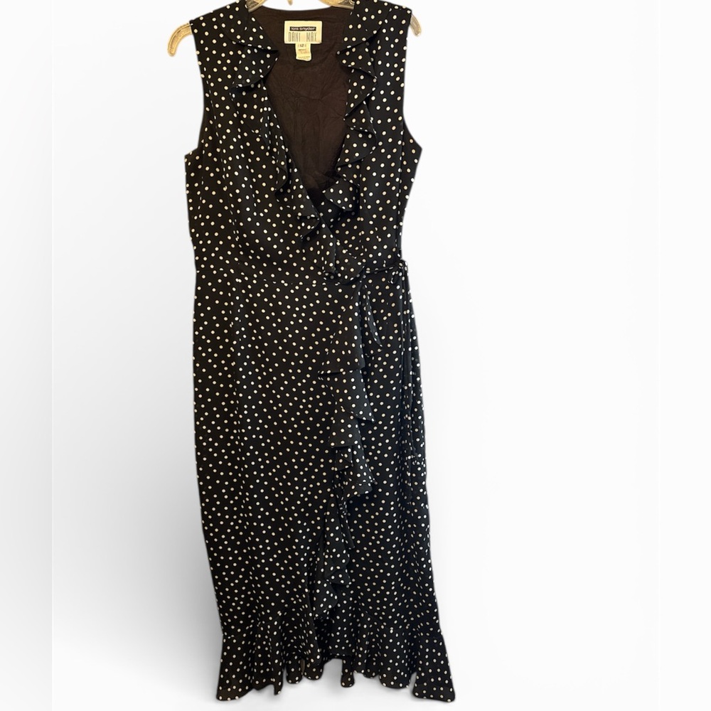 Lois Snyder Dani Max ruffle wrap dress in black with white polka dots